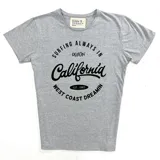Remera gris de algodón con estampa negra que dice 'Surfing always in Duxon California West Coast Dreamin - Est. 1982'.