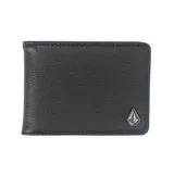 Billetera plegable de cuero negro para hombre, con ranuras internas para tarjetas, compartimento para billetes y logotipo metálico con relieve en el frente.