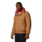 Campera técnica Columbia de estilo retro, color camel con forro interior en color rojo. Presenta cierre frontal con solapa, bolsillos frontales amplios, puños ajustables con velcro y cuello alto. Es una prenda versátil con sistema de intercambio que permite usar el forro por separado.