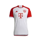 Camiseta de fútbol Adidas del FC Bayern Munich, modelo titular 23/24. Diseño blanco con mangas y detalles en rojo. Incluye logo de Adidas, escudo del club y sponsor T-Mobile en el frente.