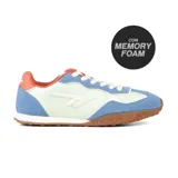 Championes deportivos Hi-Tec modelo Darcy, con diseño multicolor que combina paneles de gamuza azul, cuerpo en tono verde claro, detalles en naranja y suela de goma con textura de relieve.