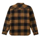Campera tipo sobrecamisa de franela con diseño a cuadros en tonos marrón y negro. Cuenta con cierre frontal de botones a presión, dos bolsillos superiores con solapa y bolsillos laterales. Posee forro interior acolchado.