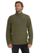 Buzo de microfleece color verde oliva, con cuello alto y cierre frontal parcial. Presenta el logo de la marca Caterpillar en un parche rectangular en el pecho.