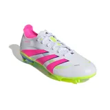 Championes de fútbol Adidas Predator League FG/MG, color blanco con detalles en rosa y verde.