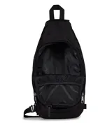 Morral tipo bandolera JanSport, color azul marino, con diseño ergonómico de una sola correa ajustable, compartimento principal con cierre y bolsillo frontal con logo de la marca.