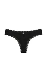 Panty tipo colaless de microfibra negra con detalles de encaje en los bordes y un aplique de encaje transparente en el centro delantero con un detalle de roseta decorativa.
