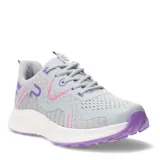 Championes deportivos Push de mujer, color blanco con detalles en turquesa y líneas finas en rosado. Presentan una capellada de malla transpirable, cierre con cordones y suela de goma con relieve en color turquesa.