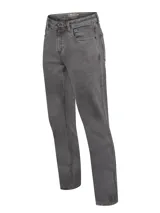 Jeans de hombre color gris oscuro lavado, corte recto y tiro medio, con cierre de botón y cremallera.