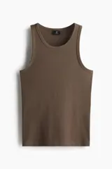 Musculosa H&M de corte ajustado, confeccionada en tejido de punto acanalado de mezcla de algodón, con cuello redondo y bajo recto.