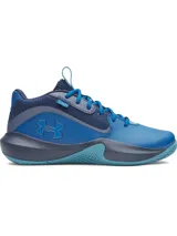 Championes de básquetbol Under Armour Lockdown 7, color azul con detalles en azul marino y celeste. Presentan parte superior de malla transpirable con superposiciones de cuero sintético, entresuela de EVA para una pisada reactiva y suela de caucho con patrón de tracción en espiga.