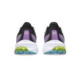 Championes de running Asics modelo GT-1000 12, color negro con detalles en violeta, amarillo neón y suela azul. Presentan tecnología FlyteFoam en la entresuela para mayor amortiguación y soporte.