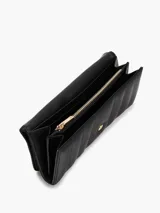 Billetera Tommy Hilfiger negra con diseño acolchado, cierre de solapa y logo metálico TH dorado al frente.