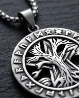 Collar de acero inoxidable con cadena de eslabones tipo caja y dije circular con diseño grabado del árbol de la vida rodeado de runas.