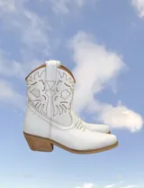 Bota corta estilo western de cuero color marrón, con taco cuadrado de 5 cm y diseño clásico. Presenta un acabado desgastado en la puntera y el talón.