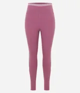 Legging deportiva de microfibra color violeta, con cintura alta y detalles de líneas blancas contrastantes en los laterales.
