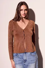 Cárdigan negro de lurex con escote en V y mangas largas.