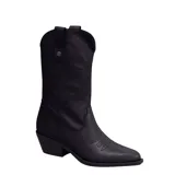 Bota de estilo tejano Bottero, color negro, con caña media, puntera fina y taco cuadrado. Presenta costuras decorativas en el empeine y en la caña, con tiradores laterales.