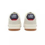 Championes urbanos Lacoste modelo L001 Set 224 2 SMA, color blanco hueso con detalles en azul marino y rojo. Presentan el logo de la marca bordado en el lateral y suela de goma color caramelo.