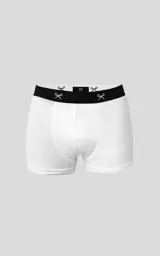 Boxer de corte clásico en color blanco, con cintura elástica ancha en color negro que presenta un estampado repetitivo de pequeñas tijeras.