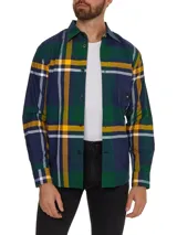 Sobrecamisa de hombre Tommy Hilfiger de corte informal, confeccionada en algodón Oxford con estampado de cuadros en tonos azul, verde, amarillo y blanco. Cuenta con cuello inglés, bolsillo de parche en el pecho con logo de la marca, puños redondeados con dos botones y detalles distintivos de Tommy Hilfiger.