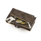 Billetera negra de cuero con caja de aluminio incorporada con sistema de deslizamiento para tarjetas, protección RFID, espacio para 5 tarjetas, sección para hasta 7 billetes y espacio adicional para libreta de propiedad y de conducir.