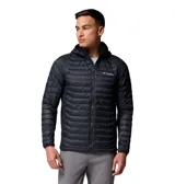 Campera híbrida Columbia con capucha, diseño acolchado en el frente y espalda, y paneles laterales elásticos. Cuenta con cierre frontal completo, bolsillos laterales con cremallera y tecnología Omni-Shield repelente al agua.