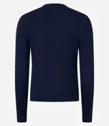 Cardigan corto celeste en punto con textura acanalada, cuello redondo, manga larga y abotonado delantero.