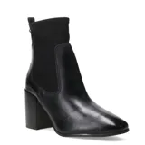 Botas tipo chelsea de cuero negro con paneles laterales elásticos y taco cuadrado alto.