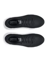 Championes de entrenamiento Under Armour modelo Edge Lthr, color negro con entresuela blanca. Presentan una parte superior de malla transpirable con revestimientos de cuero para mayor estabilidad y durabilidad, junto con tecnología Charged Cushioning en la entresuela para amortiguación.