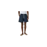 Short de baño azul marino de la marca Eme Studios, con cintura elástica, cordón ajustable blanco y logo estampado en la pierna.