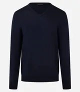 Suéter azul marino de viscosa con cuello en V y mangas largas.