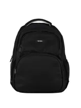 Mochila urbana marca Terrano, color negro, con compartimento principal amplio, bolsillo frontal con cierre, bolsillos laterales de red y correas acolchadas ajustables.