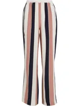 Pantalón de viscosa con estampado de rayas verticales en azul marino, rojo y blanco. Tiene cintura elástica y corte amplio.