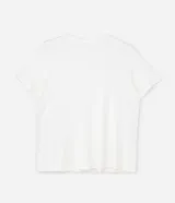 Remera de viscolycra color crudo, de corte regular, con cuello redondo, mangas cortas y apliques de lentejuelas verticales.