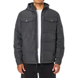 Campera acolchada con capucha, color negro, con cierre frontal, bolsillos superiores con solapa y botones a presión, y diseño de costuras horizontales.