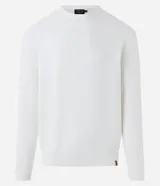 Suéter de punto para hombre, color celeste, con textura acanalada horizontal, cuello redondo y mangas largas con puños ajustados.