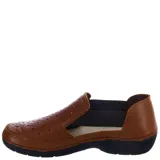 Sandalias tipo slip-on color tostado, con diseño calado en forma de rombos en la parte superior y paneles elásticos laterales. Cuenta con suela de goma negra.