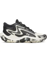Championes Under Armour UA Jet 25, con diseño en blanco y negro, parte superior de materiales mixtos y suela de goma con patrón marmolado.