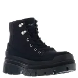 Botas de caña media Caterpillar, color negro, con diseño robusto y suela track de plataforma. Presentan cordones frontales con ganchos metálicos y refuerzos en la puntera y el talón.