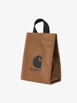 Bolso shopping Carhartt WIP negro de lona de algodón resistente al agua, con asas superiores, correa ajustable y extraíble para el hombro, y estampado gráfico con el logo de la marca en la parte frontal.
