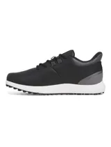 Championes de golf Under Armour, modelo Drive Medal SL, en color negro con detalles en gris y suela blanca. Presentan parte superior de microfibra, mediasuela con tecnología Charged Cushioning para amortiguación y suela exterior sin tacos para mayor flexibilidad y tracción.