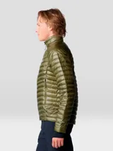 Campera ultraligera de plumas Mountain Hardwear, modelo Ghost Whisperer, en color verde oliva. Presenta un diseño acolchado con tejido ripstop, cierre frontal completo, cuello alto y bolsillos laterales con cremallera.