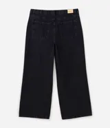 Pantalón de jean wide leg color negro con lavado marmolado, tiro alto, diseño de pierna amplia y bolsillos estilo five pockets.