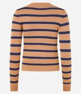 Blusa corta de tejido de punto a rayas horizontales color verde y blanco, de mangas largas y cuello redondo.