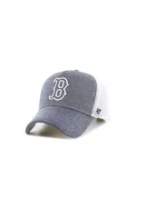 Gorra tipo trucker con corona estructurada de denim gris y paneles traseros de malla blanca. Presenta el logo de los Boston Red Sox bordado en el frente y visera curva con costuras decorativas.