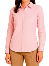 Camisa de manga larga a rayas verticales azules y blancas, confeccionada en algodón.