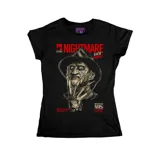 Remera negra de corte entallado con estampa gráfica frontal de Freddy Krueger, inspirada en la película A Nightmare on Elm Street, con detalles en rojo y blanco.