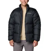 Campera puffer Columbia modelo Puffect III, color negro, con cierre frontal completo, cuello alto, bolsillos laterales con cierre y logo de la marca bordado en el pecho.
