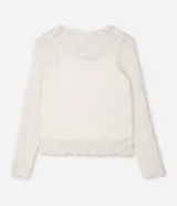 Blusa de encaje floral texturizado con forro interno, manga larga y cuello redondo. Presenta un diseño ajustado y corto, confeccionada en poliamida con un toque de elastano.