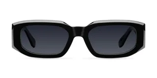 Lentes de sol negros con montura rectangular gruesa de acetato y lentes polarizadas con protección UV400. Diseño moderno con detalles biselados en el marco.